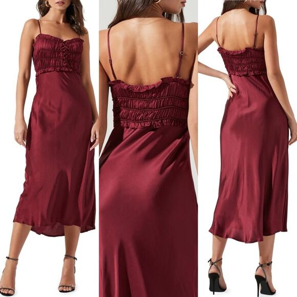 ASTR the LABEL Zola Midi Dress Shirred Satin Wine - Picture 1 of 13